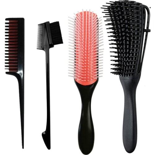 Detangling Hair Brush Detangler 9Row Cushion Nylon Bristle Edge Brush Rat Tail Comb for 3a to 4c Curly Straight Wet Hair