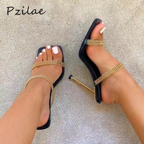Pzilae New Clear PVC Transparent With Chain Design High Heel Slippers Summer Fashion Square Toe Slip On Slides Women Mules Shoes