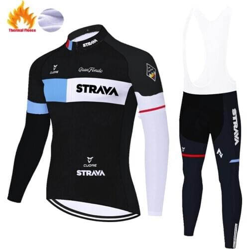 2021 STRAVA Pro Team Long Sleeve Cycling Jersey Set Bib Pants Winter Thermal Fleece Bicycle Clothing 20D Bike Jersey Uniform