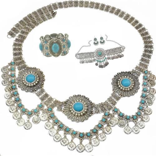 Turkish India Choker Necklace Afghan color Tassel Coin Earrings Bracelet Waist Belly Chains Bohemia Jhumka Oxidized Jewelry Set