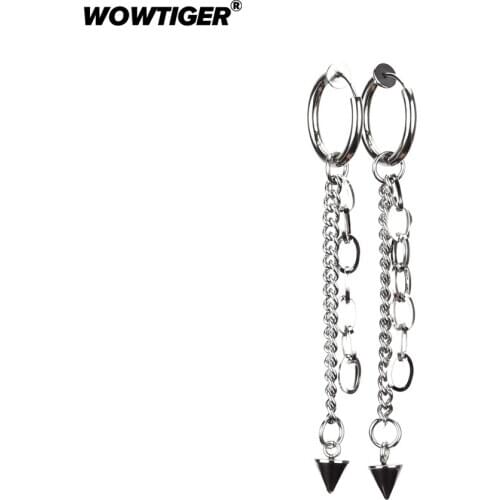WOWTIGER New Silver color Stainless Steel Ear clip Earring Round Hoop Ear chain Cone Earrings for women Party Jewelry gift