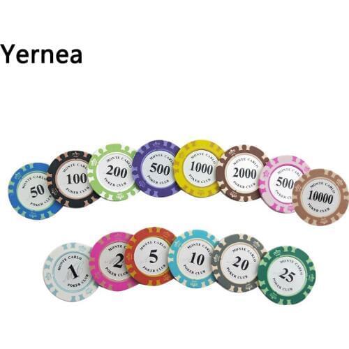 Yernea 25PCS/Lot 14g Clay Embedded Iron Texas Hold'em Chip Poker Playing Card Chips Baccarat Coin Baccarat 14 Colors Chips