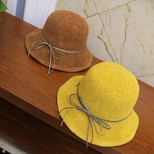 Chenille Knitted Bucket Hats Women Sweet Bowknot Solid Dome Fishing Caps Outdoors Summer Sun Protection Hat Foldable 56-58cm