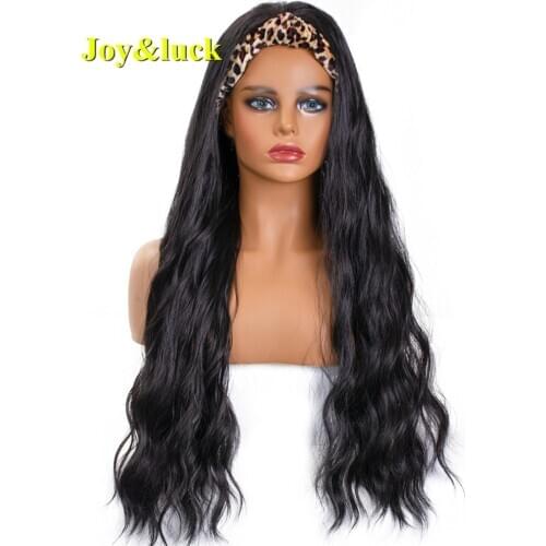 Joy&Luck Headband Wig Long Water Wave Black Wigs For Women Leopard Print Wrap Turban Synthetic Curly Hair