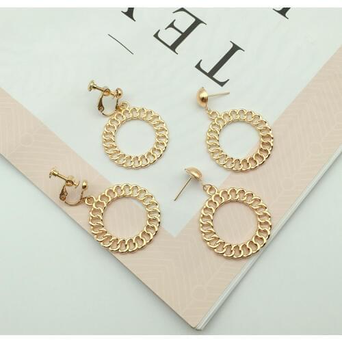 GRACE JUN New Arrival Hollow-out Big Circle Clip on Earrings No Pierced for Women Hot Sale Gold Color Copper Alloy Earrings 2018