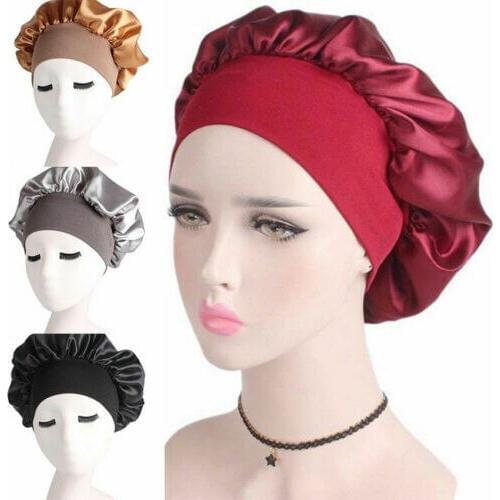 Womens Satin Solid Wide Brimmed Sleeping Hat Night Sleep Cap Hair Care Bonnet Nightcap Waterproof Reusable Headwear