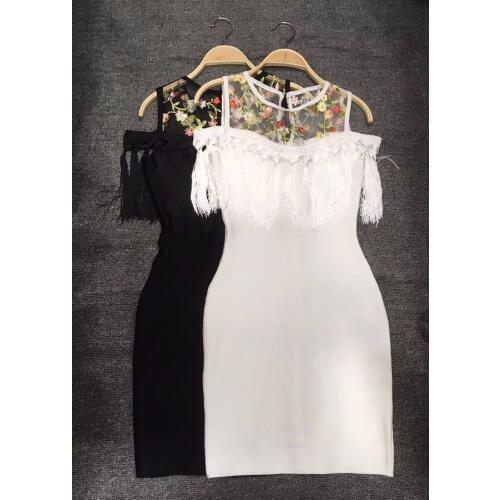 Womens Elegant Floral Tassel Party Special Occasion Pencil Bodycon Rayon Bandage Dress White Black