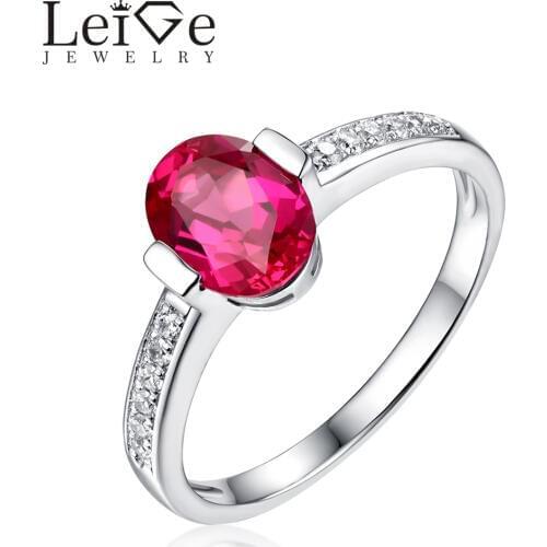 Leige Jewelry Solitaire Ruby Ring Oval Cut 925 Sterling Silver Romantic Engagement Rings for Women July Birthstone Bezel Setting