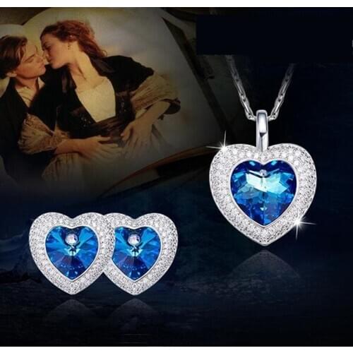 Fashion Romantic Blue Crystal Heart Pendant Womens Necklace Earring Set Jewelry Beautiful Valentines Day Gift