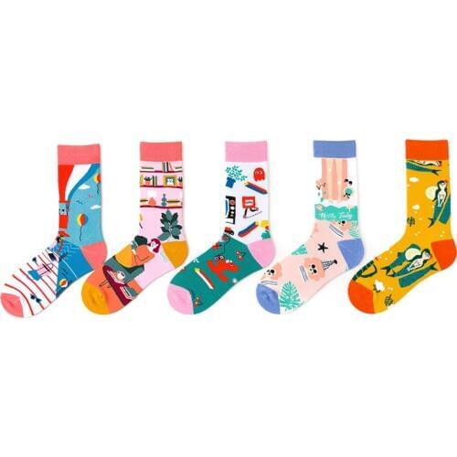 1 Pair Men Socks Combed Cotton Cartoon Hot Air Balloon Coffee Happy Novelty Funny Socks