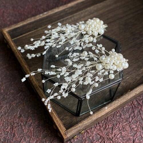 Bridal Ornament Korean Style White pearl barrettes Handmade Pearl Rhinestone Side Clip Wedding hair accessoris