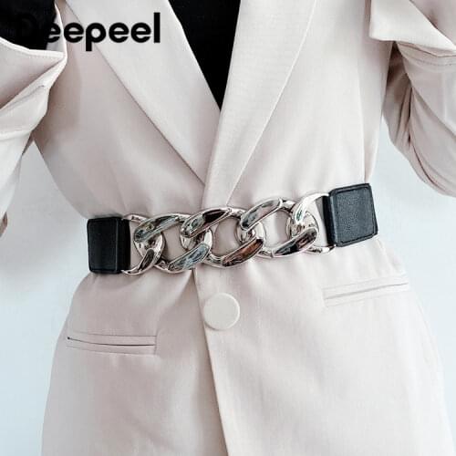 Deepeel 1pc Women Fashion Elastic Gold/Silver Metal Chain Cummerbund Waist Stretch Belt Ladies Decorative Coat Dress Waistband