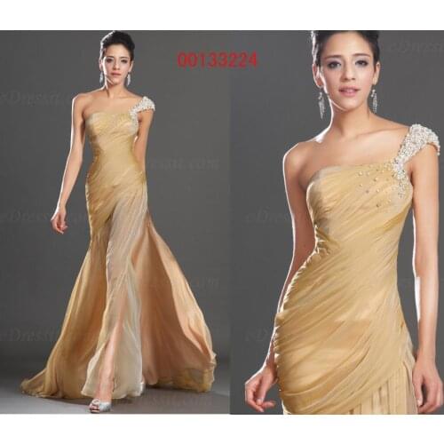 2018 special offer Top Natural Chiffon Floor-length free Shipping New Sexy One-Shoulder Beading Slit Prom bridesmaid dresses