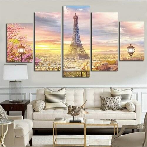 No Framed Canvas 5Pcs Romantic Paris Eiffel Tower Wall Art Posters Pictures Paintings Home Decor for Living Room Decoration