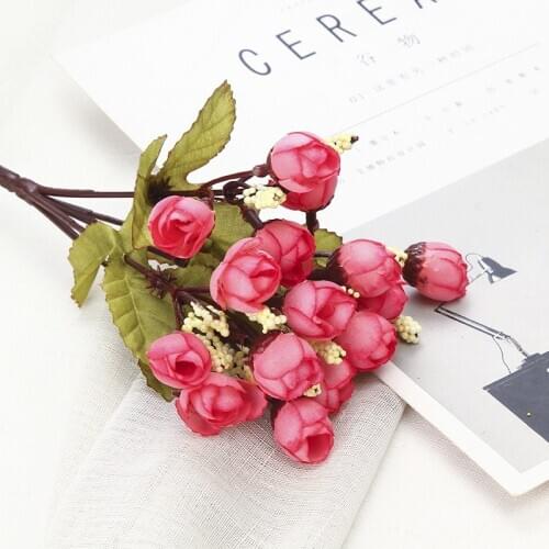 5Forks 15Heads 23cm Small Tea Roses Artificial Flower Bouquet Home Garden Bedroom Living Room Party Decoration Fake Flowers