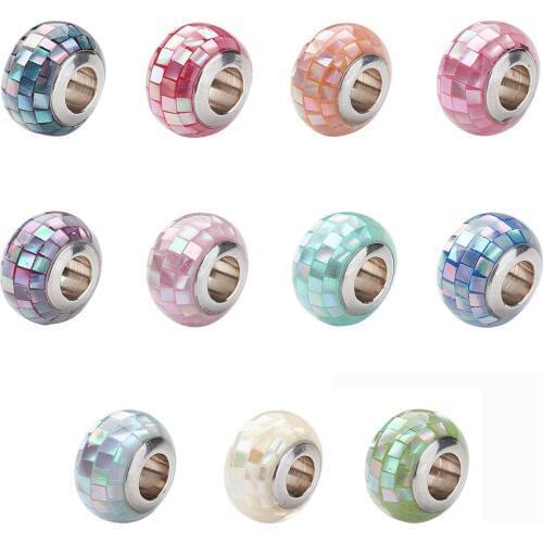 1pc 12x8mm 304 Stainless Steel Resin European Crystal Beads with 5mm Shell & Enamel Large Hole Spacer Bead Jewelry Finding
