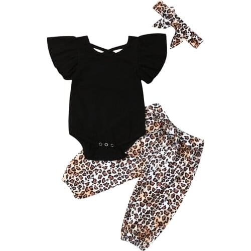 Citgeett Summer 3PCS Newborn Baby Girls Clothes Black Fly-Sleeve Tops+Leopard Long Pants Outfits Casual Set