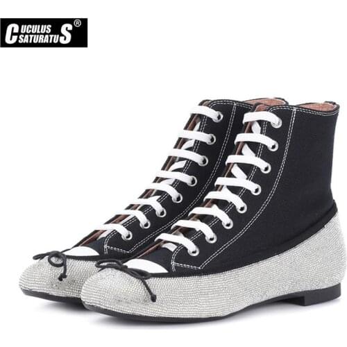 Cuculus Canvas Women Flats Shoes Brand Spring Single Black Woman Sneakers Rhinestone Lace Up Female Casual Ankle Shoes Plus Size