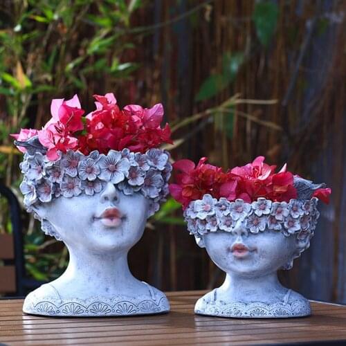 Solar Vase Garden Decorative Resin Flowerpot Succulent Plant Pot Girl Head Statue Home Cafe Bar Light Indoor Outdoor Decoration