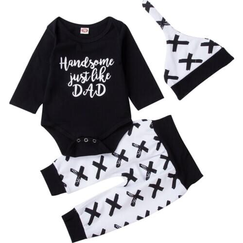 Infant Newborn Kid Baby Boys Girls 3pcs Casual Suit Clothes Letter Print Long Sleeve Jumpsuit Long Pants Hat Outfit Set
