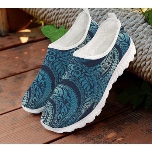 ELVISWORDS Hawaiian Ombre Blue Tapa Swirl Brand Design Women Flats Shoes Casual Sneakers Summer Ladies Mesh Light Girls Loafers