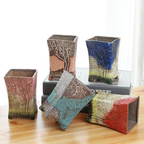 Vintage Painted Tree Tall Succulents Old Pile Ceramic Flowerpot Square Foot Flower Pot Container Home Creative Gardening