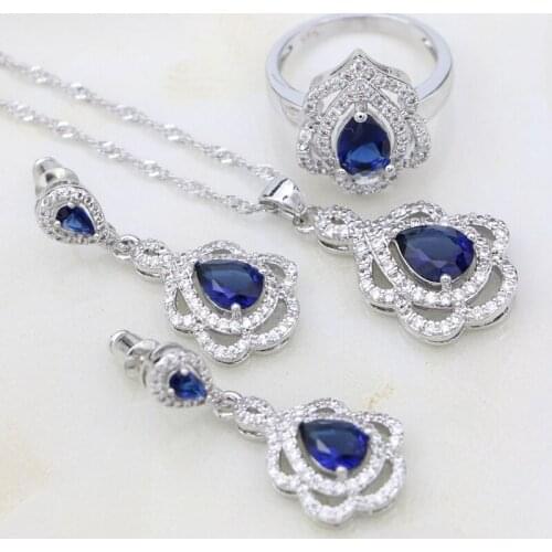 925 Silver Jewelry Sets Water Drop Shape Blue Cubic Zirconia White Crystal For Women Earrings/Pendant/Necklace/Ring Set