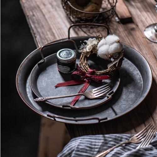 KuBac HoMmi European Retro Metal Plate With Handles Handcrafted Round Wrought Vintage Storage Bread Tray Home Decoration