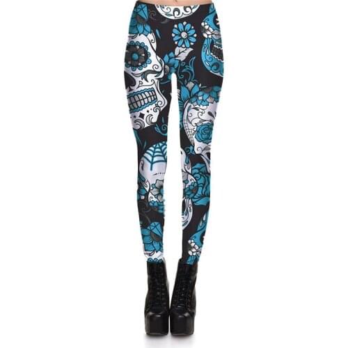 Leggings Fitness New Womens Blue Flowers Devil Skull Legging Sexy Fashion Stretch Digital Print Pants Cool Trousers