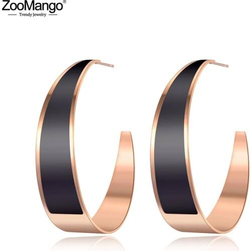 ZooMango New Stainless Steel Geometric Semicircle Earrings Jewelry Rose Gold White/Black Glazed Party Earrings For Women ZE19118