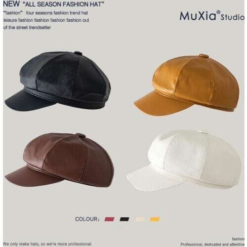 PU leather Fashion Lady Autumn Winter Berets Hat French Artist Retro Style Warm Wool Female Beanie Hat Solid Color Headwear