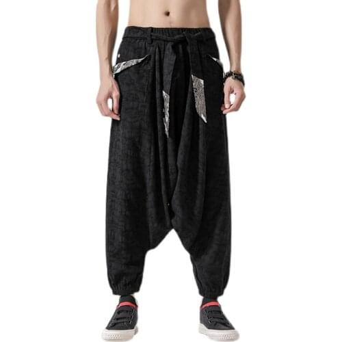 2021 Men Linen Wide Leg Pants Men Baggy Cotton Harem Pants Male Chinese Style Vintage Cross Pants Man Crotch Robe Trousers