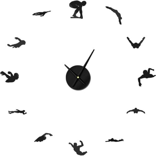 Swimming Mirror Effect Wall Clock Big Needles Sport Cool Wall Art Non-ticking Large Wall Clock Unique Gift Idea For Swimmer