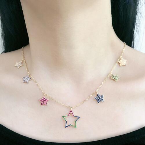 New Gold Color Copper Multicolor Pentagram AAA Cubic Zirconia Simple Pendant Necklaces Womens Fashion Jewelry Cobre CZ Colar