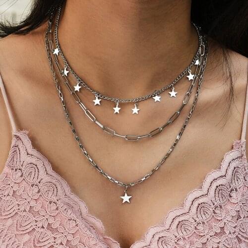 Silver color Choker Necklace for women 3 Layers full stars Pendant Chain Necklaces & Pendants velvet chokers Fashion Jewelry