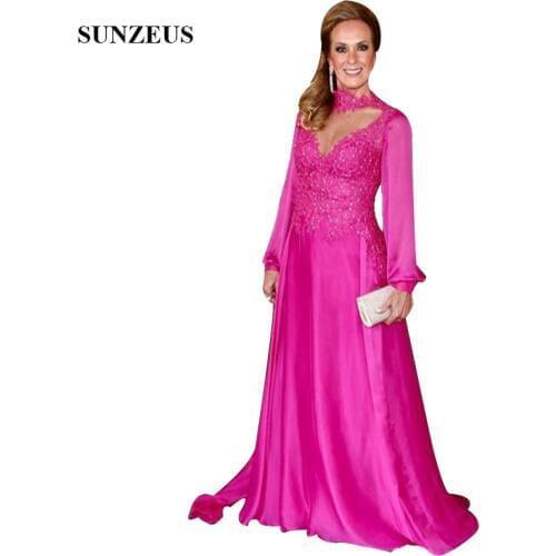 Appliques High Neck Long Sleeves Mother Of The Bride Dress With Keyhole Front Beaded Appliuqes Women Party Gowns Chiffon Long