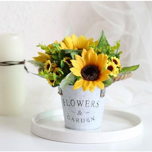 Sunflowers Pot Simulation Bonsai Artificial Daisy Flower Ornaments Retro Vintage Tin Bucket Thick Hemp Rope Decorations
