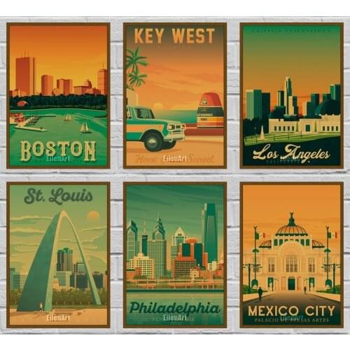 American City Vintage Travel Poster Landscape Kraft Paper Wall Art Poster Stickers Coffee Bar Room Decor Picture 42X30cm