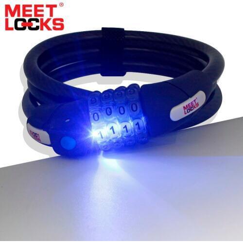MEETLOCKS Resettable Combination Bicycle Lock Coiled Cable With LED Easy To Use In Darkness Dia 12x1200mm(1/2 Inch x 4 Feet)