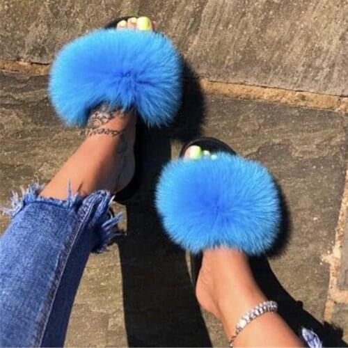 2021 Women Colorful Fox Fur Slippers Ladies Luxury Fluffy Slides Female Cute Sandals Girls Fashion Flip Flops Plush House Shoes
