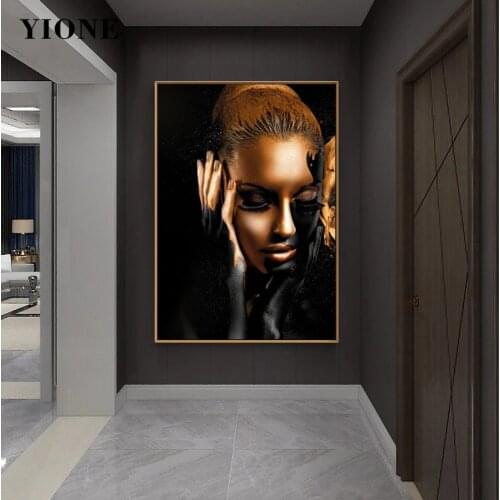 Modern Black Gold Art Woman Canvas Painting Vogue Scandinavian Figure Poster Wall Art Print Picture for Living Room Home Decor