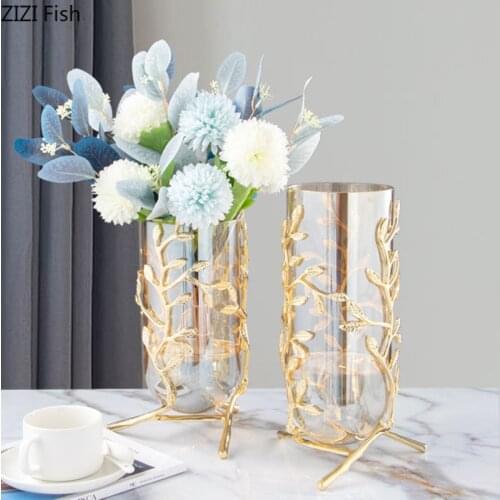 Glass Vase Hollow Gold Metal Frame Branches Rattan Transparent Glass Flower Vase Flower Arrangement Hydroponics Home Decoration