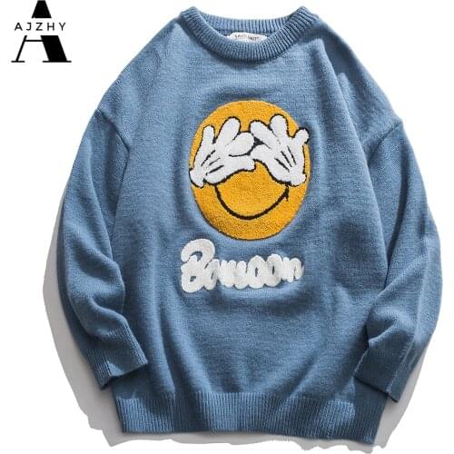 AJZHY Men Sweater Pullover Knitted Smiling Face Embroidery Sweaters Hip Hop Casual Vintage Sweater Winter Coats Men Clothes Tops