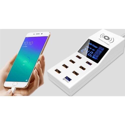 Quick Charge 3.0 Smart 8 Ports USB Charger Led Display QI Wireless Charger Charging Pad Power Socket Adapter Strip EU US UK Plug
