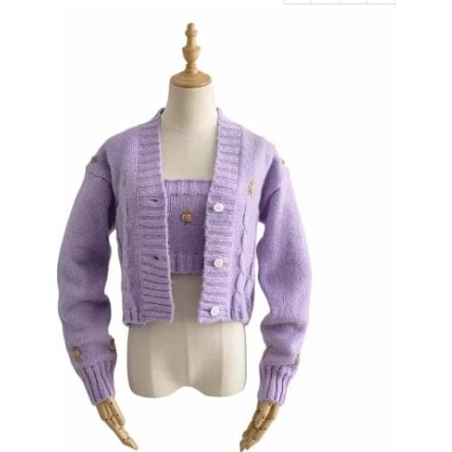 2021 Spring Korea Style Vintage Embroidery Flower Cardigan Tank Top V neck Single-breasted Button Knitted Sweater Jumper