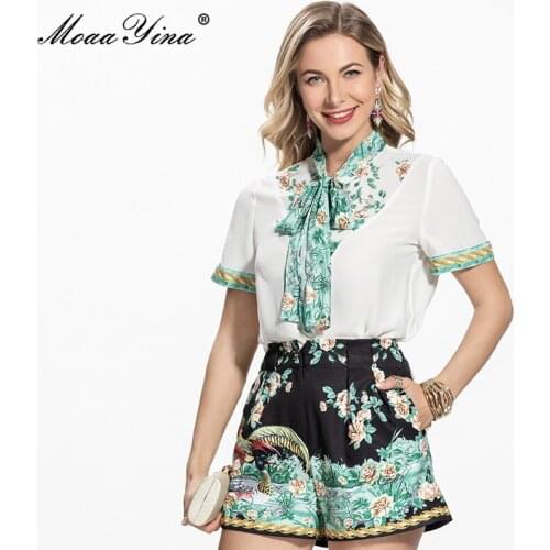 MoaaYina Fashion Designer Summer Casual Two Piece Shorts Set Womens Bow tie Short sleeve Loose Blouse＋Flower print Short Suit