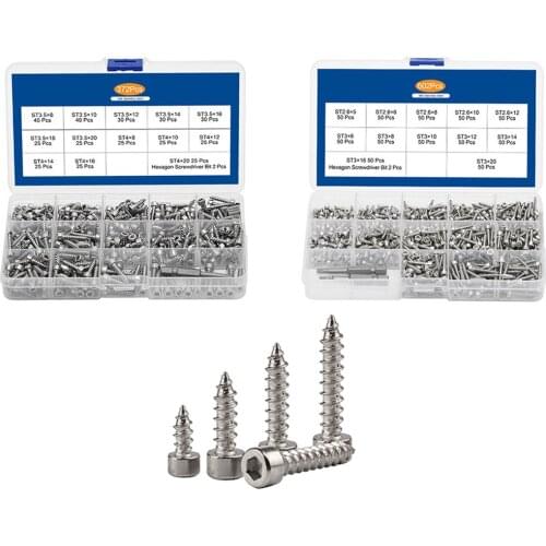 372PCS-602PCS/Box M2.6-M4 Hex Socket Cap Head Self-Tapping Screws Set Stainless Steel Hexagon Socket Tapping Screw Assorted Kit