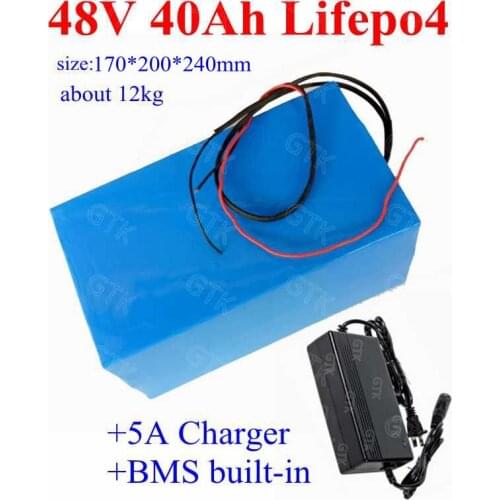 Rechargeable 48V 40Ah lifepo4 battery pack with built-in BMS for electric bike bicycle power tools scooter tricycles+5A Charger