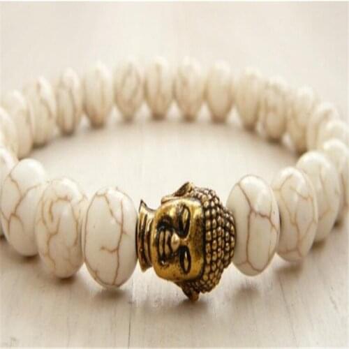 8mm Howlite Gemstone Buddha head Mala Bracelet Lucky pray Stretchy Buddhism Reiki Spirituality Meditation Chakas Bead energy