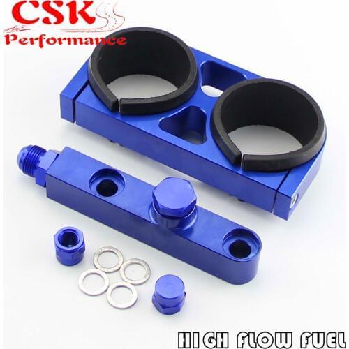 Dual Twin Fuel Pump Bracket Billet Assembly OUTLET Manifold for 044 Fuel Pump Blue